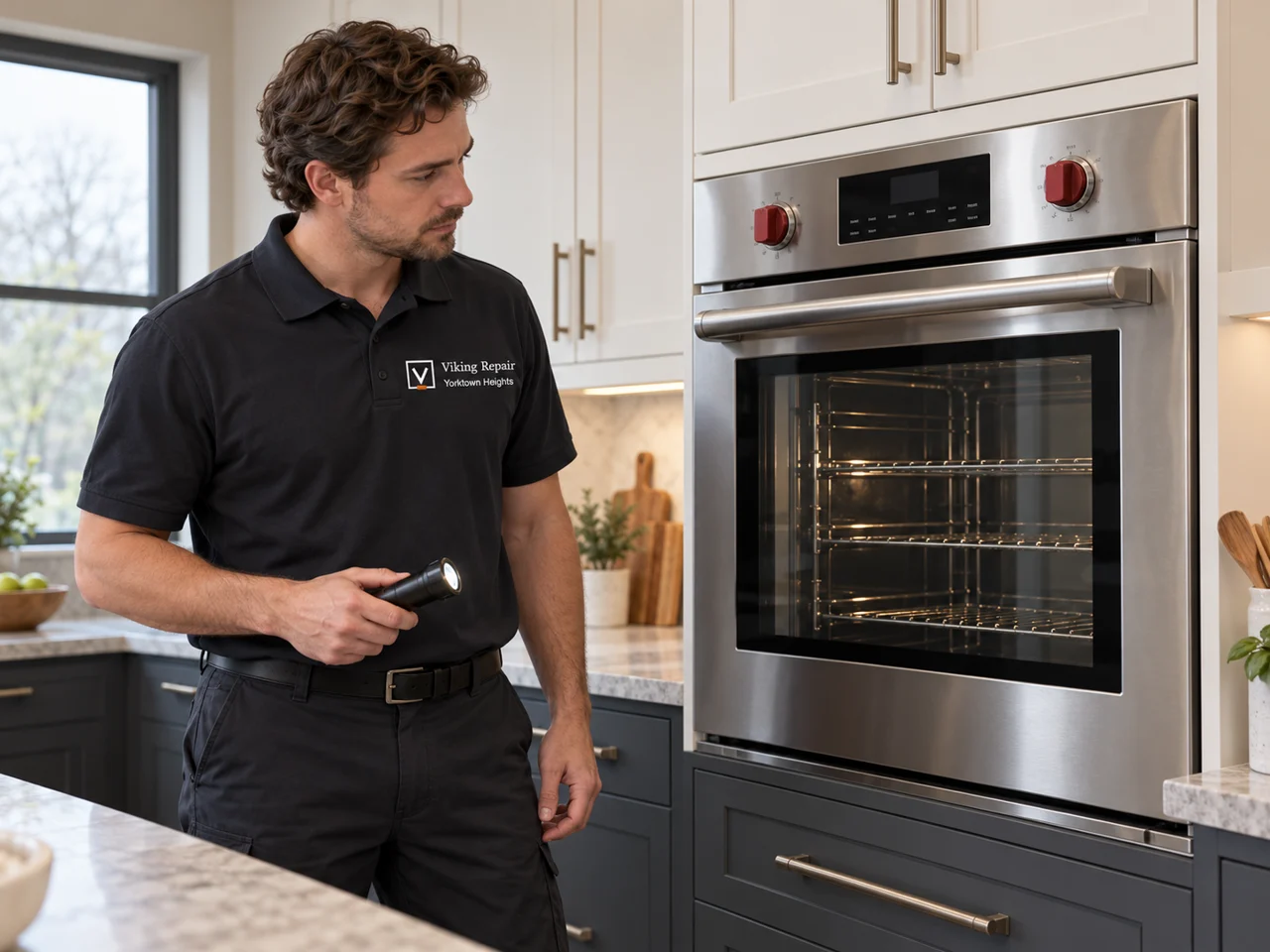 Illustration of a technician wearing the Viking Repair Yorktown Heights logo beside a Wolf oven