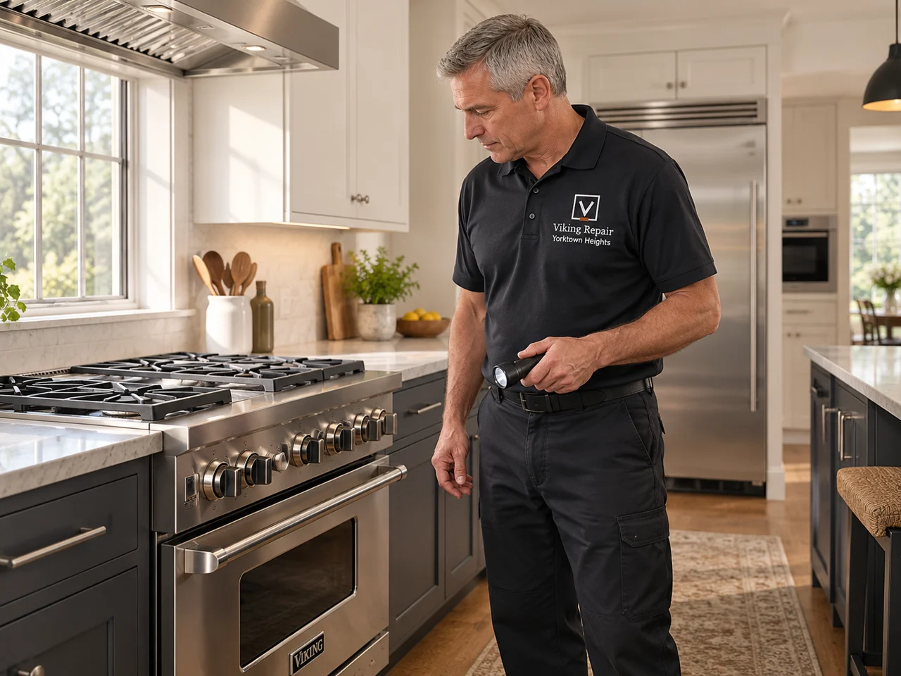 Illustration of a technician wearing the Viking Repair Yorktown Heights logo beside a Viking range